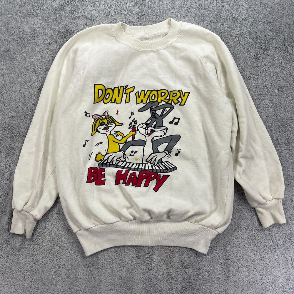 Vintage Looney Tunes Sweatshirt Adult M White Bugs Bunny Don't Worry Be Happy